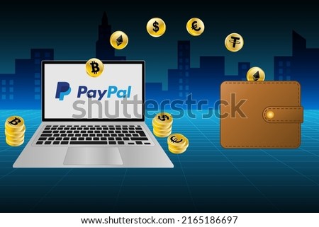 
Cryptocurrency transfer outside the PayPal platform and external wallets. Illustration concept for PayPal and cryptocurrencies. Blockchain news for banner, ads, landing page, flyer template. 