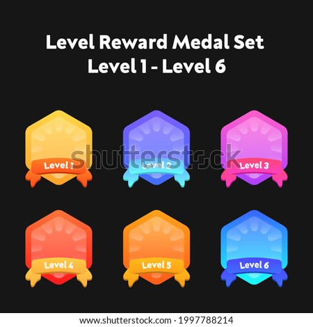 Level up ui game icons, casino bonus vector stars, golden labels with award ribbons. Medal for achievement, isolated cartoon trophy labels experience level up growth badges set. Level Medal Set Design