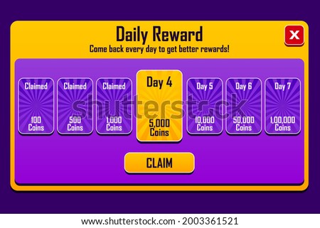 Buy coins screen for slot game. Vector illustration. Shop coins panel. a game asset with coins icons. vector epic game asset with coins icons and buttons. Game UI kit.