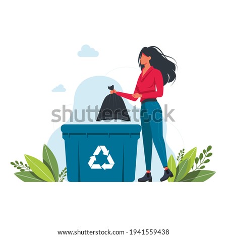a woman throws a garbage bag into a trash can, garbage recycling sign Volunteering people, ecology, environment concept. Girl throws rubbish in garbage bin.vector illustration. clean planet concept