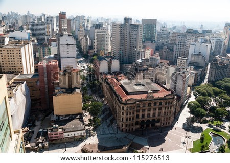 Aerial view of the city of sao paulo. Detail Anhangabau Valley and post office building.