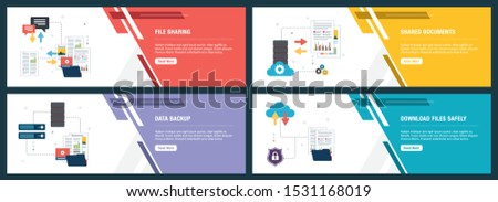 Banner set with icons for internet on websites or app templates with file sharing, shared documents, data backup and download files safely. Technology and computer icon set. Modern flat style design.