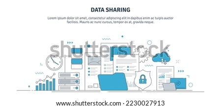 Thin line icon design with data sharing concept, backup, database, data security and cloud services. Internet banner layout with computer, server, chart, files and documents icons. 