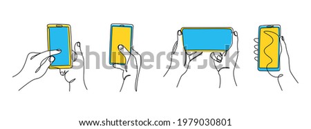 Continuous line hands with phones. One line phones in portrait and landscape modes, hands using smartphones. Vector set