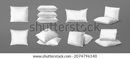 Realistic bed cushion. White bed pillows for bedroom interior, top and bottom view of cotton feather pillows, stack and piles. Vector isolated set