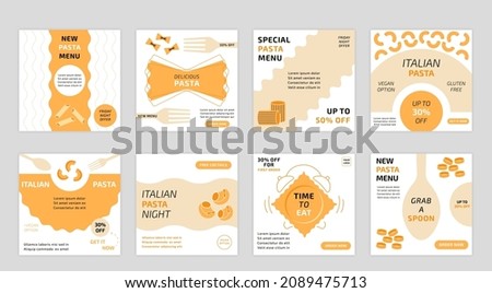 Italian past banners. Posters with cartoon wheat food, spaghetti with place for text. Vector set