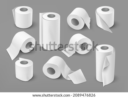 Realistic toilet paper. kitchen paper towel cylinder, white isolated scroll , hygiene spool sheet, office print paper roll. Vector set