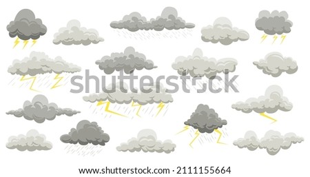 Rain clouds. summer and autumn rain with thunder cloud elements. Vector flat rainstorm and lightning set