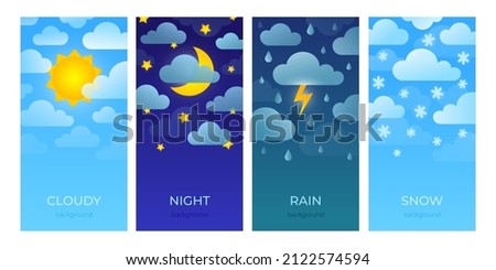 Weather forecast. App background with sun clouds rain wind, mobile interface layout. Vector poster set