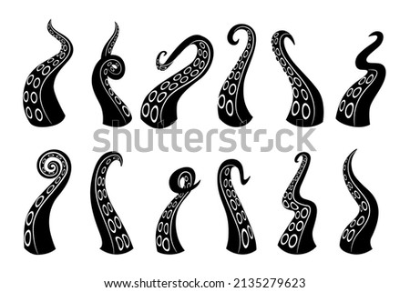 Black icons. Cartoon octopus squid and cuttlefish underwater animals arms. Vector silhouette logo