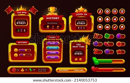 Game panel. Mobile and web casino and slot game interface elements, progress bar and score vector pop-up window