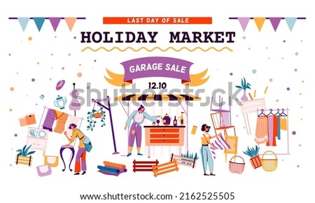 Holiday market. Bazaar sale retro banner with old furniture. Second Hand store. Selling clothes and antique accessories. Weekend shopping fair. Vector garage discount trading frame poster
