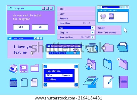 Retro computer windows. Popup 90s interface online messages. Folder and note icons. PC screen of website frames. OS menu option. Software UI dialog frame. Vector flat design stickers set