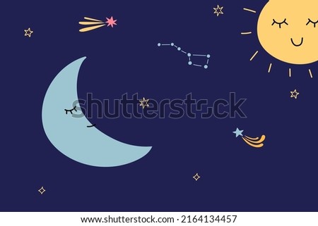 Cute planets. Night starry sky. Cartoon sleepy crescent and sun. Star constellations and comets. Space sleeping characters with funny faces. Sweet dream. Vector cosmos doodle background