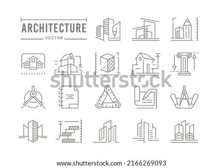 Architecture logo. Construction buildings line icons. Engineer houses. Architect projects and plans. Real estate designer company emblem. Vector apartments engineering outline signs set