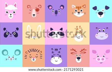 Cute animal faces. Hand drawn rabbit and lion, art cat and monkey, simple square print, funny characters, doodle style graphic. Childish t-shirt or poster, nursery decor. Cartoon vector set