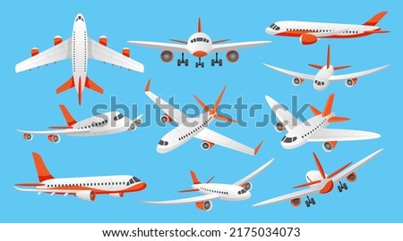 Airline png plane. Isometric aviation top view. Passenger aircraft transportation. Front and side landing. Wing destination of flight jet. Flying airplanes set. Vector illustration