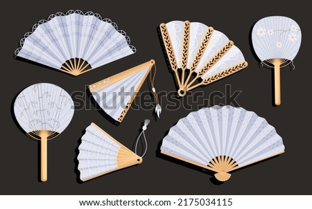 Japanese folding fans. Hand round traditional chinese items, decoration wooden objects, uchiwa and sensu. Geisha attribute. Isolated elegant Asian elements set. Vector illustration items