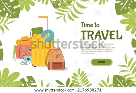Summer travel suitcase. Tropical resort hotel. Summertime vacation. Safety tourism on fun beach. Luggage and ticket. Time to adventure. Baggage and leaves. Vector illustration background