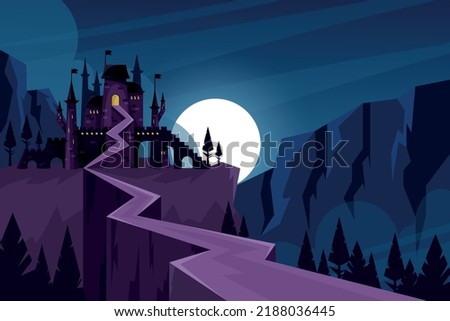 Castle fantasy landscape. Halloween mountain scenery. Ancient palace. Medieval tower in forest. Gothic fortress. Dark sky. Dracula chateau. Night panorama. Vector cartoon background