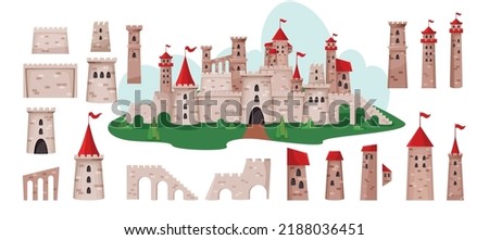 Medieval castle. Fantasy landscape elements set. Fortress moat. Palace in park. Ancient architecture art. Bright building. Fortified wall. Towers and bridges. Vector flat background