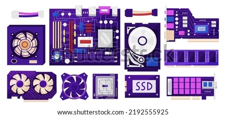 PC parts. Computer hardware collection. Processor chip and motherboard. Tech adapter. Network equipment. Workshop service. HDD and cooler. Laptop components. Vector illustration set