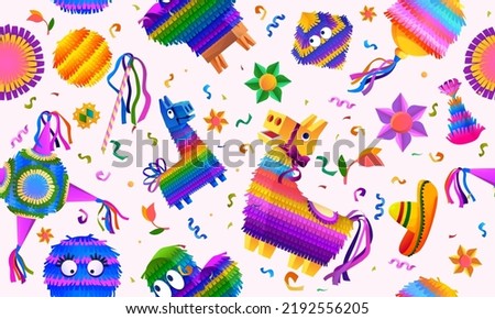 Mexican pinata pattern. Birthday donkey toy with bright confetti. greeting background for spanish party. Decor textile, wrapping paper, wallpaper design. seamless texture Сток-фото © 