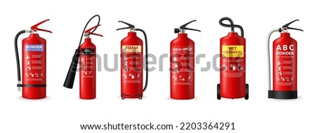 Fire extinguisher type, dry fire fighting powder class, water foam. Different alarm signs, wet chemical co2. Red cylinders with spray hoses. Vector infographic cartoon flat illustration