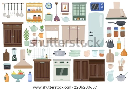 Cute kitchen decor. Home tools. Cooking furniture. Fridge and oven. Scandinavian kitchenware shelves. Sink and microwave. Isolated flat household objects. Vector interior elements set