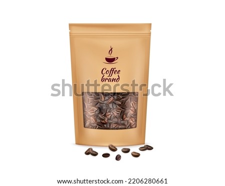 Paper bag, kraft pouch package. Coffee 3d mockup, stand up design, craft zip packet. Realistic zipper sachet front view with brown beans. Product packs isolated vector illustration template