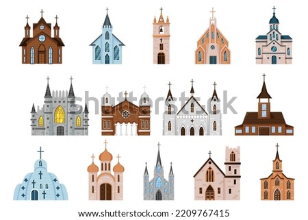 Catholic church. Vintage monastery. Architecture buildings with glass windows. Crosses on roofs. Modern garish doors. Bell tower. Wooden and stone temples. Vector isolated chapels set