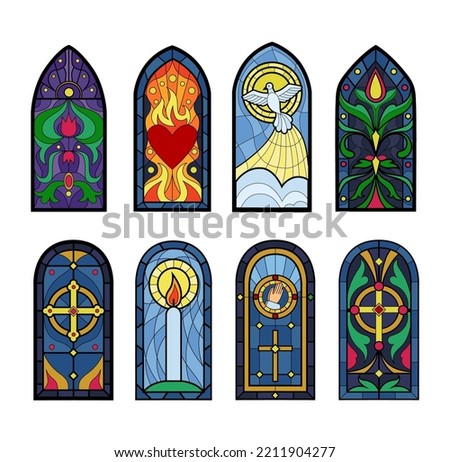 Fantasy stained-glass windows. Book print. Renaissance architecture cathedrals. Art gothic paper. Ancient shapes. Medieval church mosaic glasses set. Vector abstract tidy silhouettes