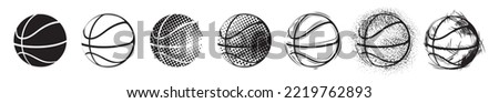 Basketball logo. Halftone balls. Black and white design art for streetball team. Game championship silhouette or outline signs. Graphic sphere. Vector current sport basket elements set
