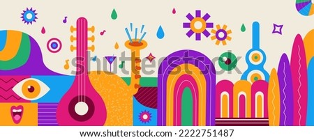 Street art festival. School poster. Geometric music wall. Picasso carnival. People eye and bright flower. Graffiti fair background. Colorful abstract shapes. Vector graphic illustration