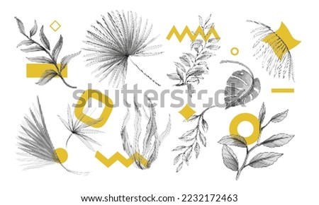 Abstract dot leaf, palm flowers. Graphic plant leaves, tropical decor elements, geometric points. Half tone gray decorative objects. Dots graphic. Jungle botanical set. Vector pattern texture