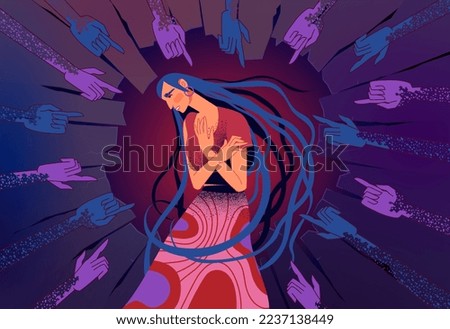 Sad shame woman. Unhappy victim people. Blame fingers. Depressed female. Quilt ashamed person. Discrimination and bullying. Pointing hands. Society violence. Vector exact illustration