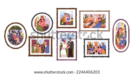 Family photo frames. Parents and babies pictures. Wall with memory portraits. Kids photographs. Wedding snapshot. Happy couple. Pregnant woman or mother with toddler. Vector cartoon set