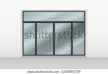 Store entrance. Realistic glass doors. Shop storefront. Exterior front of office or supermarket. View of mall wall. Transparent doorway. Showcase windows. Vector 3D neoteric mockup