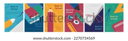 Back to school. Book stacks and stationery. University poster. Students learning. Abstract study cover. Kids college. Education banners design set. Vector utter illustration background