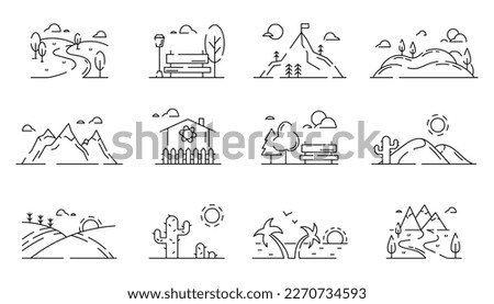 Nature landscape icons. Mountains and meadows. Desert cactus. Rock cliffs. Sea beach. Park bench. Natural rivers. Valley and forest scenery. Fields panorama. Vector garish line symbols set