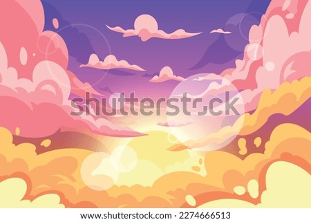 Sunset and sunrise anime cloud sky. Cloudy heaven. Evening landscape. Sun morning scenic scenery. Gradient color horizon. Blue calm cloudscape. Sunny weather. Vector garish background