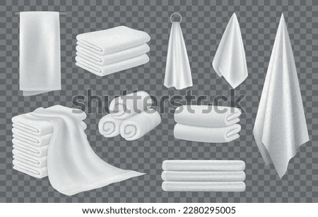 Realistic folded towels, white cloth, laundry symbol. Rolled stack for home or hotel shower, bath or hospital, cotton textile and bathroom washcloth. 3d elements. Vector neoteric texture