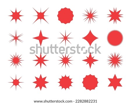 Star burst badge. Red sunburst stickers. Flash sale icons. Round circle retro starburst label. Geometric shapes. Bright explosion symbols. Abstract sun ray. Vector current flat emblems set
