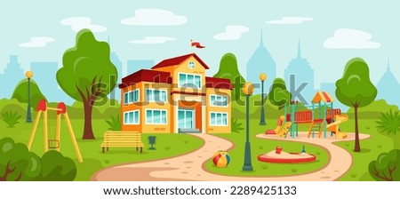 Kid playground. Kindergarten or school building in park. Play yard and garden. City schoolyard. Children nursery. Swings and sandbox. Empty landscape. Vector tidy cartoon illustration