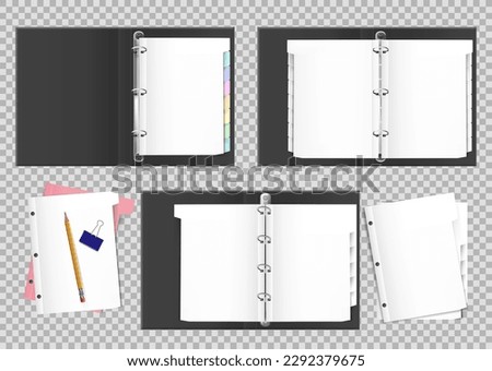 3D file folder. Open office notebook. Ring binder. Pages with holes. Paper divider. White corporate letter. Diary sheets. Pencil and clamp. Vector exact realistic stationery mockup set