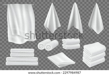 3d blanket and towel, white cloth. Hang bath cotton, fluffy folded rolls, spa pile, hygienic toilet terry objects on holder. Home or hotel washcloth. Vector neoteric realistic template