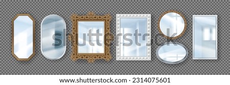 3d mirrors. Vintage metal and wooden frame, modern and classic glass with reflection, golden surface, round and square, decorative interior hanging object. Vector exact isolated realistic set