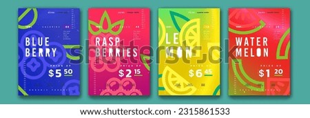 Abstract fruit posters. Organic products price labels. Blueberry and raspberry. Grocery flyers. Lemon and watermelon. Geometry patterns. Summer citrus. Vector exact banners design set