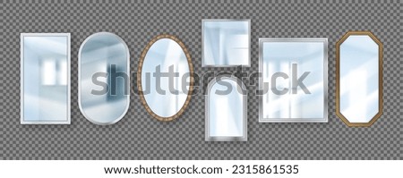 3D realistic mirrors. Circle and square reflective surfaces. Home decor collection. Hanging on wall furniture. Light reflection and backlight effects. Vector exact interior elements set