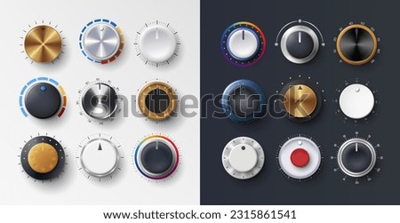 Volume knob. Switch button. Audio dashboard tumblers with stereo control scales. Realistic radio levels tuners. Amplifier or mixer. Recorder regulators. Vector exact dial elements set